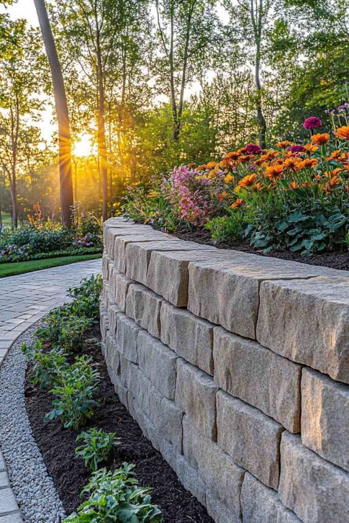 Retaining wall and landscaped garden area