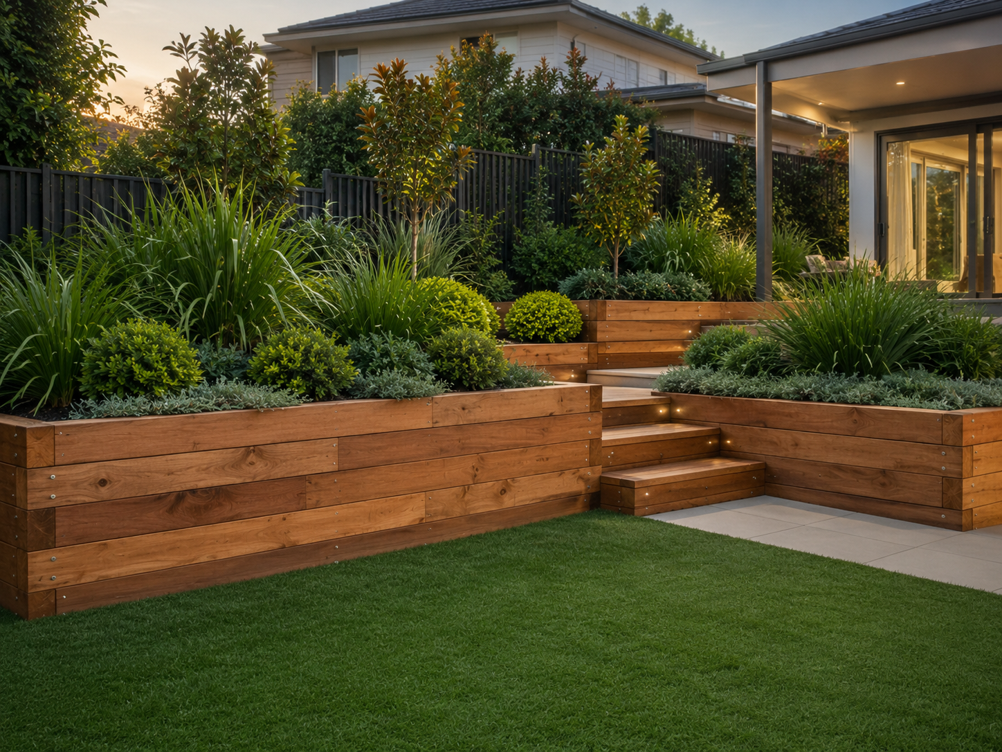 Timber retaining wall for garden landscaping